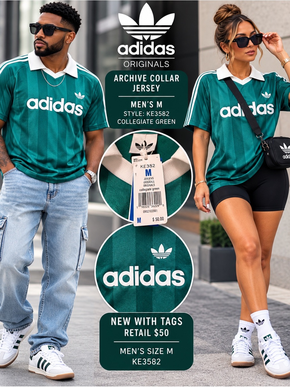 adidas Men’s Green Striped Logo Polo Top with White Accents